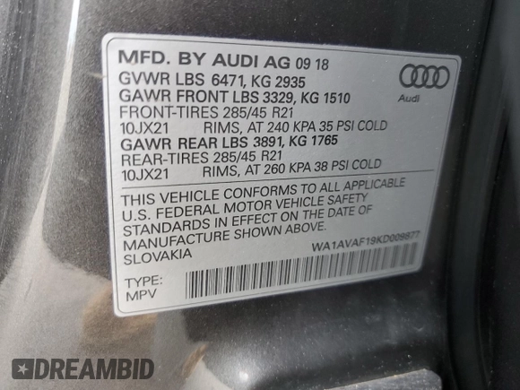 2019 Audi Q8 Premium with VIN WA1AVAF19KD009877, listed as a Copart auction lot 56473205 with Not provided miles and Salvage title. Bid and sale history available at DreamBid. Image 14.