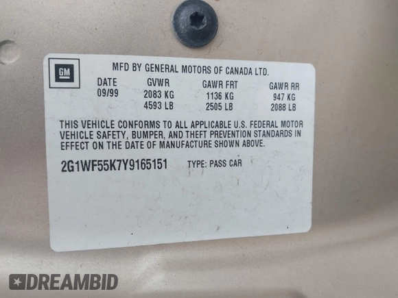 2000 Chevrolet Impala с VIN 2G1WF55K7Y9165151, выставлен на аукционе IAAI как лот 42355624 с пробегом 136 557 миль миль и . История ставок и продаж доступна на DreamBid. Изображение 9.