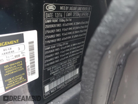 2015 Land Rover Range Rover Supercharged с VIN SALGS2TFXFA210976, выставлен на аукционе Copart как лот 51356865 с пробегом 46 068 миль миль и На запчасти • Non repairable. История ставок и продаж доступна на DreamBid. Изображение 10.
