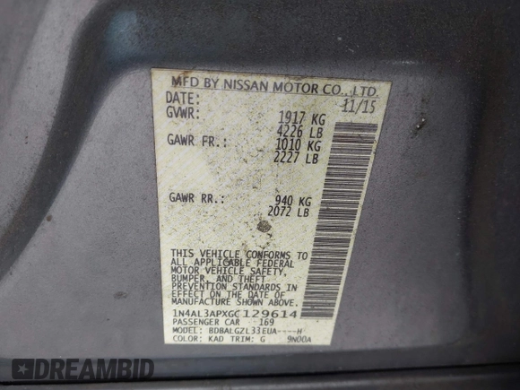 2016 Nissan Altima SR with VIN 1N4AL3APXGC129614, listed as a IAAI auction lot 41914117 with 98,595 mi miles and . Bid and sale history available at carsss.com. Image 9.