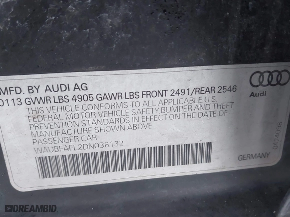 2013 Audi A4 Premium with VIN WAUBFAFL2DN036132, listed as a IAAI auction lot 41344158 with 156,073 mi miles. Bid and sale history available at carsss.com. Image 9.