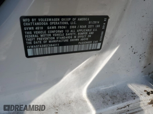 2014 Volkswagen Passat Wolfsburg Edition with VIN 1VWAS7A38EC064211, listed as a Copart auction lot 61545205 with 176,152 mi miles and Clean title. Bid and sale history available at DreamBid. Image 12.