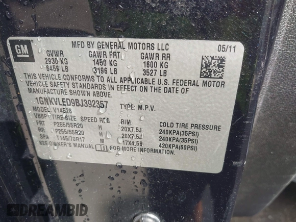 2011 Chevrolet Traverse LTZ z VIN 1GNKVLED9BJ392357, wystawiony jako IAAI lot #42155624 z przebiegiem Nie podano mil oraz . Historia ofert i sprzedaży dostępna na DreamBid. Obrazek 9.