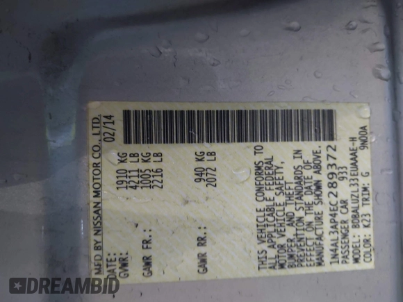 2014 Nissan Altima SV with VIN 1N4AL3AP4EC289372, listed as a IAAI auction lot 41628338 with 249,902 mi miles and . Bid and sale history available at DreamBid. Image 9.