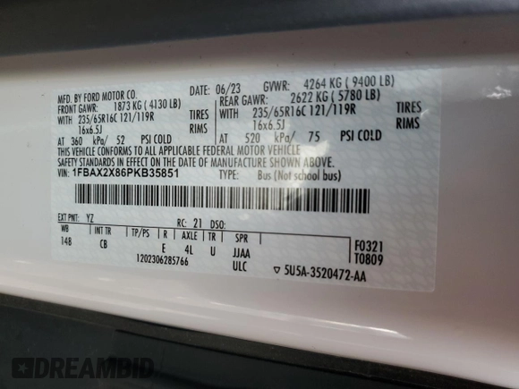 2023 Ford Transit Passenger XL with VIN 1FBAX2X86PKB35851, listed as a Copart auction lot 71126324 with 8,402 mi miles and Salvage Title. Bid and sale history available at DreamBid. Image 14.
