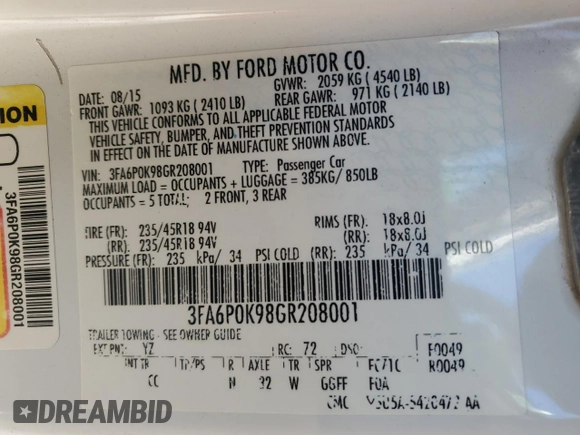 2016 Ford Fusion Titanium with VIN 3FA6P0K98GR208001, listed as a Copart auction lot 86932254 with Not Provided miles and Salvage Title. Bid and sale history available at DreamBid. Image 12.