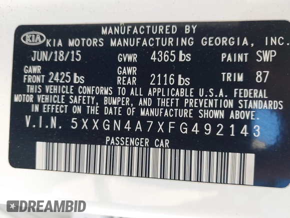2015 Kia Optima EX with VIN 5XXGN4A7XFG492143, listed as a IAAI auction lot 41383518 with 135,353 mi miles. Bid and sale history available at carsss.com. Image 9.