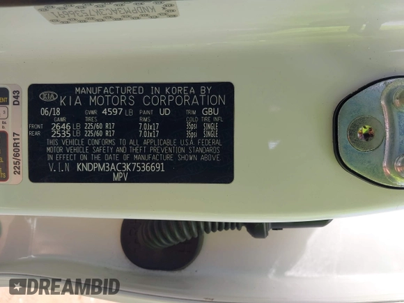 2019 Kia Sportage LX with VIN KNDPM3AC3K7536691, listed as a IAAI auction lot 41733413 with 77,095 mi miles. Bid and sale history available at carsss.com. Image 9.