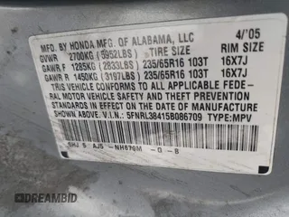 2005 Honda Odyssey EX with VIN 5FNRL38415B086709, listed as a IAAI auction lot 42308829 with 187,351 mi miles and . Bid and sale history available at DreamBid. Image 9.
