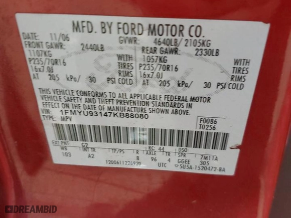2007 Ford Escape XLT with VIN 1FMYU93147KB88080, listed as a Copart auction lot 87759205 with 0 mi miles and Clean Title. Bid and sale history available at carsss.com. Image 13.