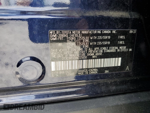 2022 Toyota RAV4 XLE Premium with VIN 2T3C1RFV5NW225650, listed as a Copart auction lot 61301165 with 36,969 mi miles and Salvage title. Bid and sale history available at DreamBid. Image 14.