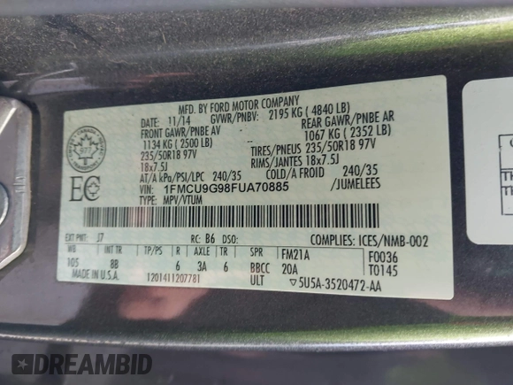 2015 Ford Escape SE with VIN 1FMCU9G98FUA70885, listed as a IAAI auction lot 41608240 with 54,802 mi miles. Bid and sale history available at carsss.com. Image 9.