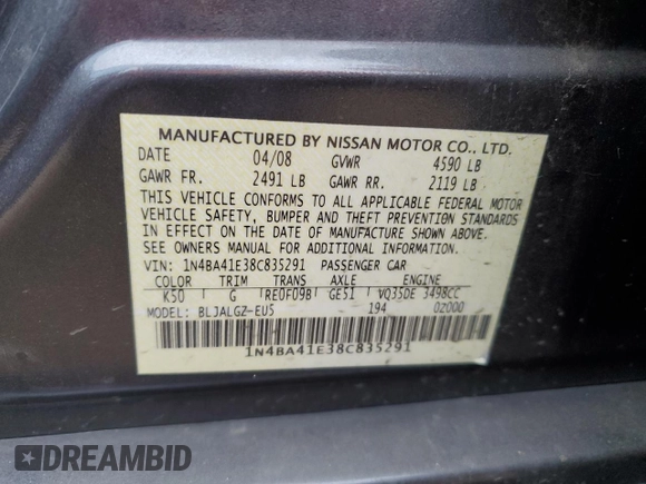 2008 Nissan Maxima 3.5 SL with VIN 1N4BA41E38C835291, listed as a Copart auction lot 76480174 with 0 mi miles and Salvage Title. Bid and sale history available at carsss.com. Image 13.