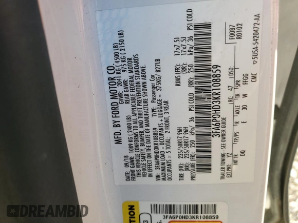2019 Ford Fusion SE with VIN 3FA6P0HD3KR108859, listed as a Copart auction lot 46056365 with 78,145 mi miles and Salvage Title. Bid and sale history available at carsss.com. Image 13.