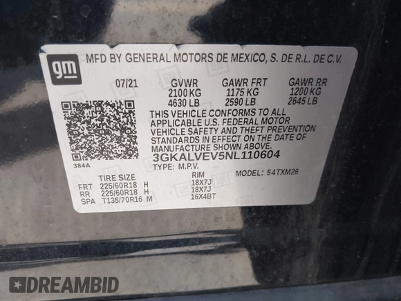 2022 GMC Terrain SLT with VIN 3GKALVEV5NL110604, listed as a IAAI auction lot 42113494 with 34,277 mi miles and . Bid and sale history available at DreamBid. Image 9.