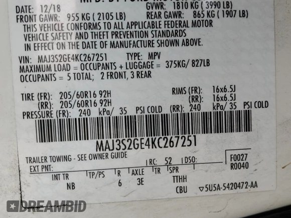 2019 Ford EcoSport SE with VIN MAJ3S2GE4KC267251, listed as a Copart auction lot 48127705 with 39,245 mi miles and Salvage Title. Bid and sale history available at DreamBid. Image 13.