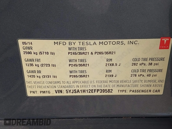 2014 Tesla Model S 60 with VIN 5YJSA1H12EFP39582, listed as a IAAI auction lot 42545143 with 117,383 mi miles and . Bid and sale history available at DreamBid. Image 9.