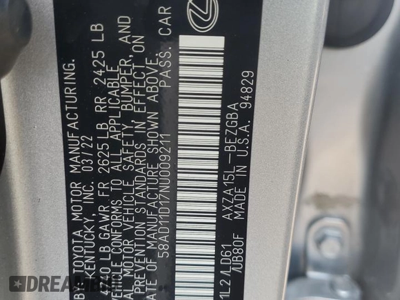 2022 Lexus ES 250 with VIN 58AD11D17NU009211, listed as a Copart auction lot 59195765 with 11,211 mi miles and Salvage title. Bid and sale history available at DreamBid. Image 12.