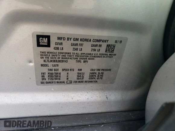 2020 Chevrolet Trax LS with VIN KL7CJKSB3LB039143, listed as a Copart auction lot 44405985 with 57,280 mi miles and Salvage Title. Bid and sale history available at carsss.com. Image 13.