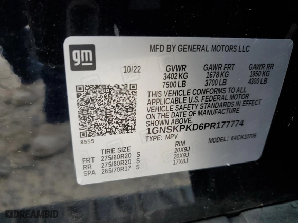 2023 Chevrolet Tahoe Z71 with VIN 1GNSKPKD6PR177774, listed as a Copart auction lot 50601105 with 62,674 mi miles and Salvage Title. Bid and sale history available at carsss.com. Image 13.