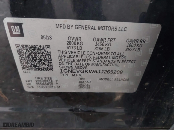 2018 Chevrolet Traverse LT Cloth with VIN 1GNEVGKW5JJ265209, listed as a IAAI auction lot 41700637 with 122,372 mi miles. Bid and sale history available at carsss.com. Image 9.