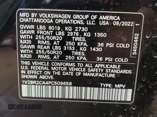 2023 Volkswagen Atlas SEL with VIN 1V2BR2CA4PC509658, listed as a Copart auction lot 53469315 with 33,351 mi miles and Salvage title. Bid and sale history available at DreamBid. Image 13.