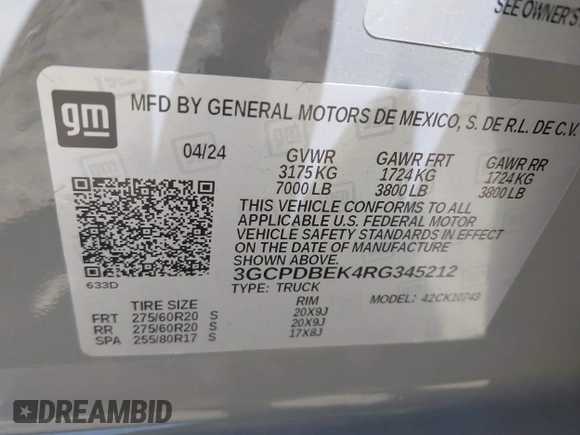 2024 Chevrolet Silverado 1500 Custom with VIN 3GCPDBEK4RG345212, listed as a IAAI auction lot 42069482 with 3,044 mi miles and . Bid and sale history available at DreamBid. Image 9.
