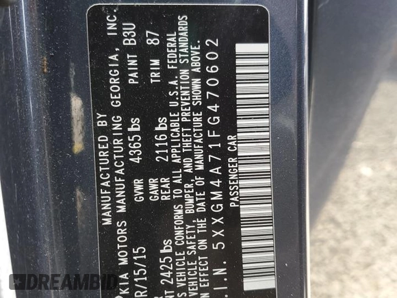 2015 Kia Optima LX with VIN 5XXGM4A71FG470602, listed as a Copart auction lot 55504075 with 177,394 mi miles and Salvage Title. Bid and sale history available at DreamBid. Image 13.