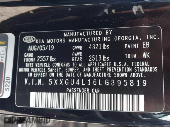 2020 Kia Optima EX Premium with VIN 5XXGU4L16LG395819, listed as a IAAI auction lot 41713909 with 72,096 mi miles. Bid and sale history available at carsss.com. Image 9.