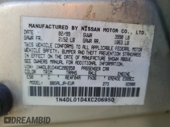 1999 Nissan Altima XE with VIN 1N4DL01D4XC206950, listed as a Copart auction lot 78679994 with 228,995 mi miles and Salvage Title. Bid and sale history available at carsss.com. Image 12.