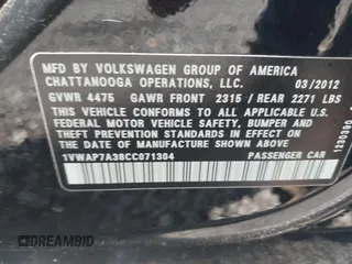 2012 Volkswagen Passat S with VIN 1VWAP7A38CC071304, listed as a IAAI auction lot 42636605 with 240,460 mi miles and . Bid and sale history available at DreamBid. Image 9.