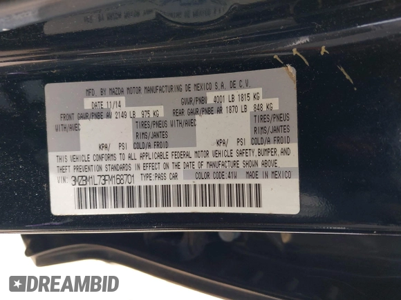 2015 Mazda 3 i Touring with VIN 3MZBM1L73FM168701, listed as a IAAI auction lot 42438370 with 157,664 mi miles and . Bid and sale history available at DreamBid. Image 9.