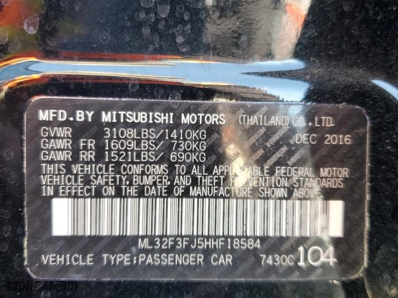 2017 Mitsubishi Mirage G4 ES with VIN ML32F3FJ5HHF18584, listed as a Copart auction lot 49638005 with 116,579 mi miles and Salvage Title. Bid and sale history available at carsss.com. Image 12.