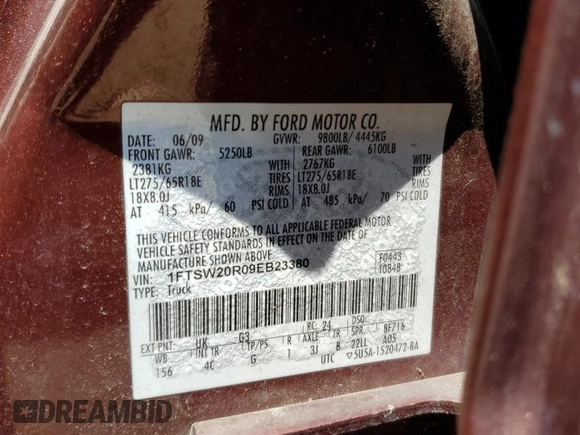2009 Ford F-250 XL with VIN 1FTSW20R09EB23380, listed as a Copart auction lot 66493264 with 181,326 mi miles and Salvage title. Bid and sale history available at DreamBid. Image 14.