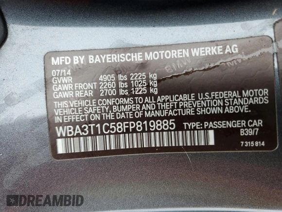 2015 BMW 4 Series 428i xDrive with VIN WBA3T1C58FP819885, listed as a Copart auction lot 57965685 with 80,540 mi miles and Salvage title. Bid and sale history available at DreamBid. Image 12.