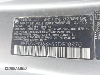 2003 BMW 7 Series 745Li with VIN WBAGN63453DR18970, listed as a IAAI auction lot 39461160 with Not Provided miles and . Bid and sale history available at carsss.com. Image 9.