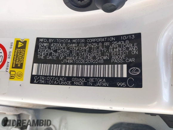 2014 Lexus ES 350 with VIN JTHBK1GG2E2092248, listed as a IAAI auction lot 41589999 with 170,808 mi miles. Bid and sale history available at carsss.com. Image 9.