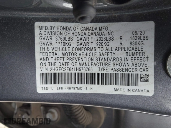 2020 Honda Civic LX with VIN 2HGFC2F64LH576765, listed as a IAAI auction lot 41881444 with 32,129 mi miles and . Bid and sale history available at DreamBid. Image 9.