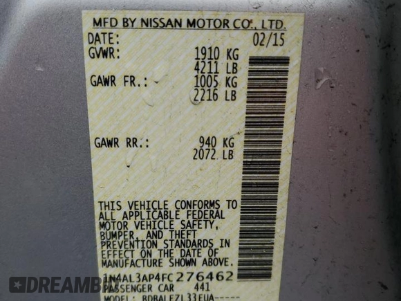 2015 Nissan Altima S with VIN 1N4AL3AP4FC276462, listed as a Copart auction lot 51830185 with 223,342 mi miles and Salvage Title. Bid and sale history available at DreamBid. Image 12.
