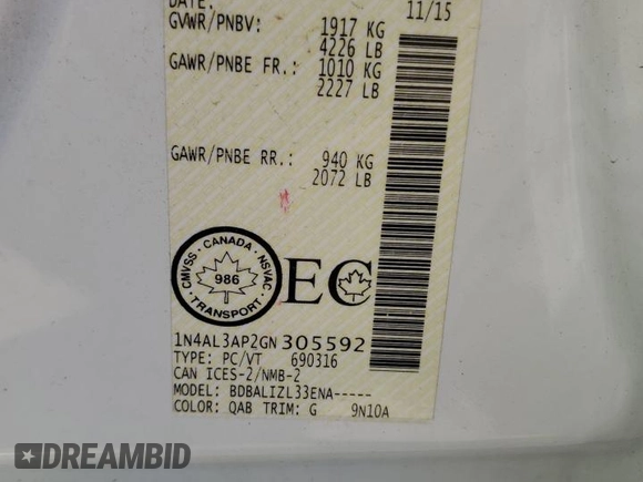 2016 Nissan Altima S with VIN 1N4AL3AP2GN305592, listed as a Copart auction lot 60592295 with 97,598 mi miles and Salvage title. Bid and sale history available at DreamBid. Image 12.