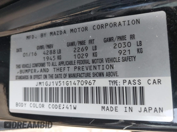 2016 Mazda Mazda6 i Touring with VIN JM1GJ1V51G1470967, listed as a IAAI auction lot 41833308 with 46,271 mi miles. Bid and sale history available at carsss.com. Image 9.