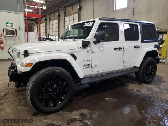 2022 Jeep Wrangler 4xe Unlimited Sahara with VIN 1C4JJXP65NW272312, listed as a Copart auction lot 45154875 with 28,263 mi miles and Salvage Title. Bid and sale history available at carsss.com. Image 1.