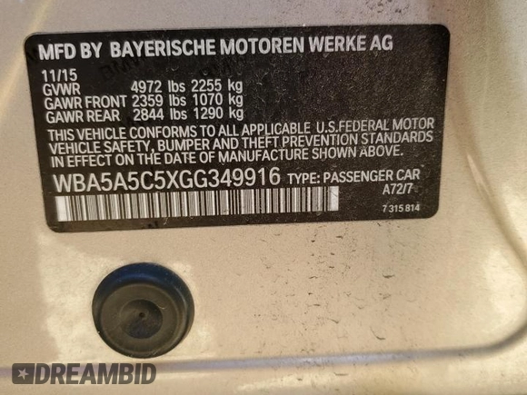 2016 BMW 5 Series 528i with VIN WBA5A5C5XGG349916, listed as a Copart auction lot 49257855 with 81,369 mi miles and Salvage Title. Bid and sale history available at carsss.com. Image 14.