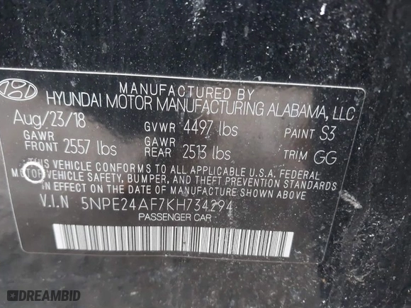 2019 Hyundai Sonata SE with VIN 5NPE24AF7KH734294, listed as a IAAI auction lot 41661304 with 50,355 mi miles. Bid and sale history available at carsss.com. Image 9.