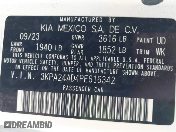 2023 Kia Rio LX with VIN 3KPA24AD4PE616342, listed as a IAAI auction lot 41848260 with 37,188 mi miles. Bid and sale history available at carsss.com. Image 9.