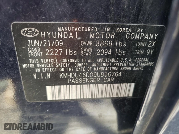 2009 Hyundai Elantra GLS z VIN KMHDU46D09U816764, wystawiony jako Copart lot #57595325 z przebiegiem 144 291 mil mil oraz Szkoda całkowita • Salvage title. Historia ofert i sprzedaży dostępna na DreamBid. Obrazek 13.