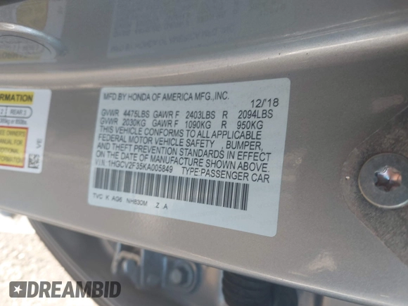 2019 Honda Accord Sport z VIN 1HGCV2F35KA005849, wystawiony jako IAAI lot #40894177 z przebiegiem 71 166 mil mil oraz . Historia ofert i sprzedaży dostępna na DreamBid. Obrazek 9.