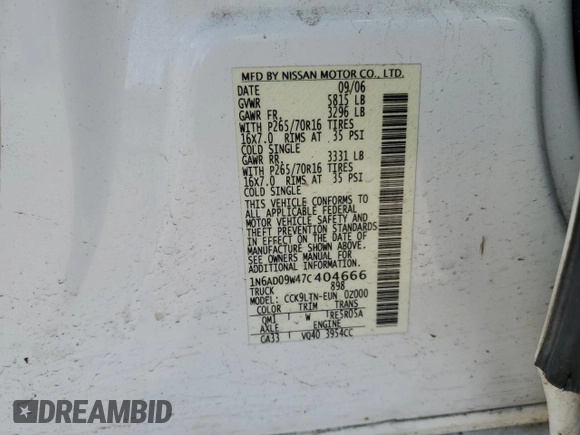 2007 Nissan Frontier SE with VIN 1N6AD09W47C404666, listed as a Copart auction lot 48812115 with 208,063 mi miles and Salvage title. Bid and sale history available at DreamBid. Image 14.