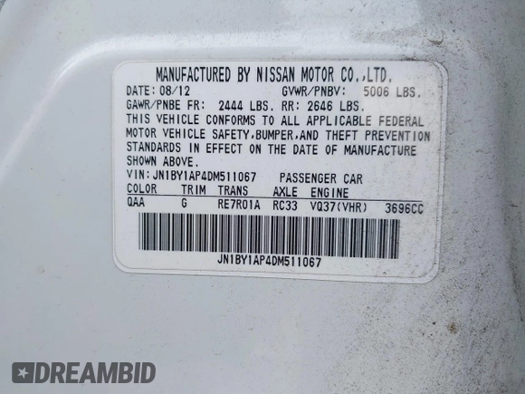 2013 Infiniti M with VIN JN1BY1AP4DM511067, listed as a IAAI auction lot 41890196 with 316,837 mi miles and . Bid and sale history available at DreamBid. Image 9.