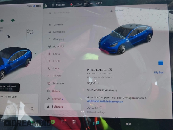 2019 Tesla Model 3 Long Range with VIN 5YJ3E1EB7KF454636, listed as a IAAI auction lot 41853972 with 56,916 mi miles. Bid and sale history available at carsss.com. Image 7.
